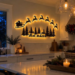 Clearance! Lighted Santa Sleigh Reindeer & Village Scene Wall Decor, 60" Wooden LED Christmas Silhouette Wall Art for Indoor Holiday Home Christmas Decoration, Gift for Family Friends