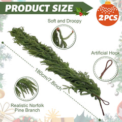 Syvvy 2 Pcs 6 Ft Artificial Norfolk Pine Garlands, Green Artificial Greenery Garland for Table, Mantle, Wall, Indoor, Outdoor Christmas Decorations, Real Touch Winter Pine Garland.
