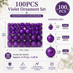 100pcs Shatterproof Christmas Balls - Plastic Ornaments for Christmas Tree Decoration, Party Festivities, Purple