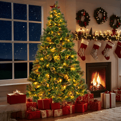 Arlopu 9FT Pre-lit Artificial Christmas Tree with 1300 Branches/500 Warm Lights/Metal Stand, PVC&PE Cashmere Hinged Xmas Tree, Fluffy Snow Flocked Pine Tree for Home Holiday Party Decor