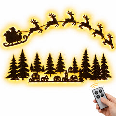 Clearance! Lighted Santa Sleigh Reindeer & Village Scene Wall Decor, 60" Wooden LED Christmas Silhouette Wall Art for Indoor Holiday Home Christmas Decoration, Gift for Family Friends