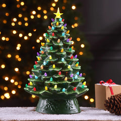  Nostalgic Ceramic Christmas Tree with LED Lights Indoor Decoration, 18 Inches, Green