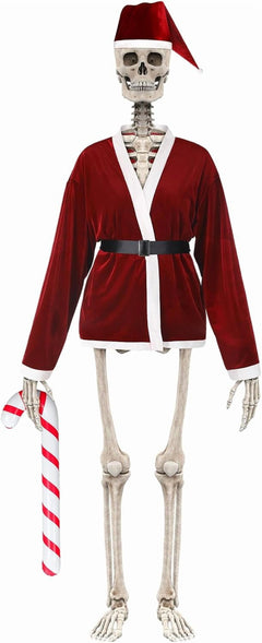 12 ft Giant Sized Skeleton Costume Set Christmas Santa Suit and Hat Inflatable Christmas Candy Cane for Garden Lawn Indoor Outdoor Props Decor (Skeleton Not Included)