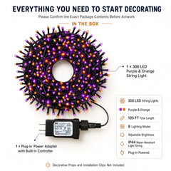 simeccom Christmas String Lights, 108 ft 300 LED Twinkle Fairy Lights for Indoor Outdoor Halloween Decorations, Purple and Orange
