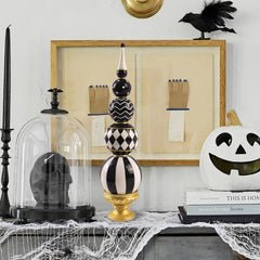 15.7"H Resin Stacked Sphere Sculpture, Black White and Gold Tabletop Decor for Halloween Christmas