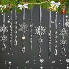 OuMuaMua 32pcs Iridescent Acrylic Snowflake & Icicle Crystal Hanging Pendants for Xmas Tree Winter Frozen Decor