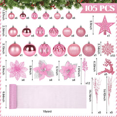 Leyaron Christmas Tree Ornaments, 105PCS Christmas Balls Set with Star Poinsettia Flower Berries Stems for Trees Holiday Xmas Decor, Pink