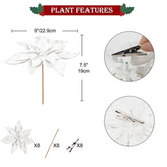 Briful 9'' Christmas Poinsettia Flowers 8PCS Glitter Artificial Flowers Large Christmas Ornament Flowers for Xmas Tree Wreath Garland Decoration White