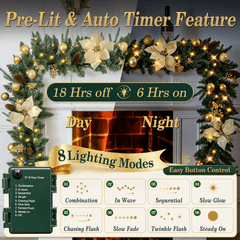 9ft Pre-Lit Christmas Garland, PE/PVC Mixed, Big Gold Flowers, 80 LED w/ 8 Modes & Timer for Outdoor Indoor Xmas Decoration Fireplace Stairs Doorway Railings Decor