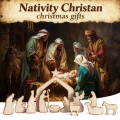 Nativity Set Christmas Decor,13Pcs Lovely Wooden Christmas Nativity Scene Miniature Holy Family Figurines, Minimalism Boho Christmas Decorations for Indoor Shelves Mantel Tabletop Display