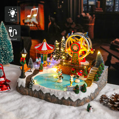 Christmas Village With Amusement park,Musical Christmas Decor with Ferris Wheel, Carousel & LED Lights,Skating Person,Christmas Decor,Home Decor