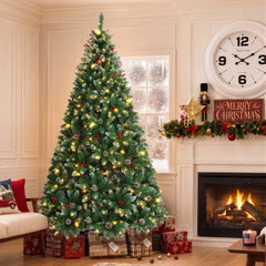 Yexmas 7.5FT Pre-Lit Christmas Tree with Pinecones and Red Berries,Artificial Green Xmas Tree with Large Storage Bag for Home, Office, Party Decoration