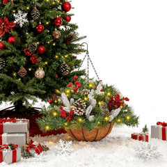 Artificial Christmas Hanging Basket with LED String Lights Christmas Hanging Plant Basket Artificial Flowers with Frosted Pine Needles Pinecones Red Berries Fake Plants Faux Decor for Xmas Decor