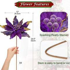 Briful 12'' Large Heads Christmas Glitter Poinsettia Flowers Christmas Tree Ornaments Set of 4 Artificial Flowers with Long Stems for Xmas Tree Party DIY Holiday Decorations, Purplish Gold