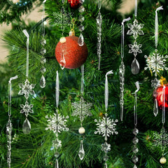 OuMuaMua 32pcs Iridescent Acrylic Snowflake & Icicle Crystal Hanging Pendants for Xmas Tree Winter Frozen Decor