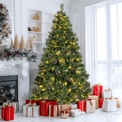 Arlopu 9FT Pre-lit Artificial Christmas Tree with 1300 Branches/500 Warm Lights/Metal Stand, PVC&PE Cashmere Hinged Xmas Tree, Fluffy Snow Flocked Pine Tree for Home Holiday Party Decor