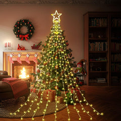 Outdoor Christmas Decoration Star String Lights,304 LED Waterfall Christmas Tree Lights,10 ft 8 Light Modes Indoor Outside Decoration Lights for Party, Yard, Garden, Holiday, Home Decor (Warm White)