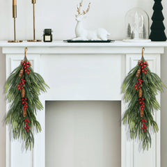 2 Pcs Christmas Teardrop Swag with Berries and Pinecones, 28'' Artificial Faux Berry Pine Branch Teardrop Door Swag, Real Touch Norfolk Wreath Staircase Swags for Xmas Door Mantle Fireplace Decor