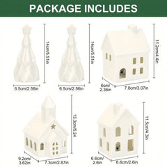 Ceramic Christmas Village Set - Includes 3 Illuminated Houses & 2 Trees with Battery Powered LED Lights - Festive Holiday Decor for Christmas, Thanksgiving & Hanukkah