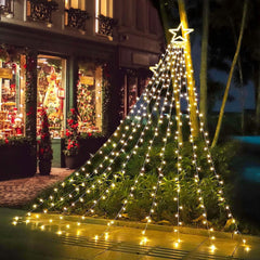 Outdoor Christmas Decoration Star String Lights,304 LED Waterfall Christmas Tree Lights,10 ft 8 Light Modes Indoor Outside Decoration Lights for Party, Yard, Garden, Holiday, Home Decor (Warm White)