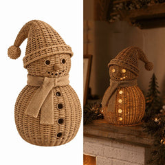 Woven Christmas Snowman Ornament, Wicker Snowman-Shaped Natural Rattan Tabletop Decor with Hat & Scarf, Ideal Holiday Home Mantel Decoration