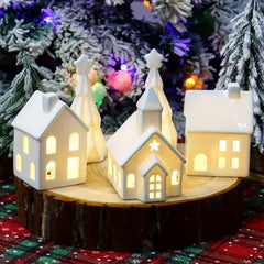 Ceramic Christmas Village Set - Includes 3 Illuminated Houses & 2 Trees with Battery Powered LED Lights - Festive Holiday Decor for Christmas, Thanksgiving & Hanukkah