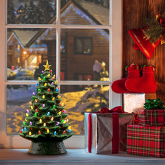  Nostalgic Ceramic Christmas Tree with LED Lights Indoor Decoration, 18 Inches, Green