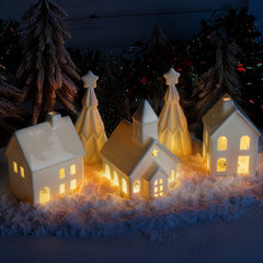 Ceramic Christmas Village Set - Includes 3 Illuminated Houses & 2 Trees with Battery Powered LED Lights - Festive Holiday Decor for Christmas, Thanksgiving & Hanukkah