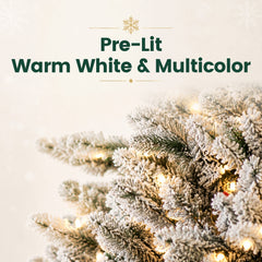FUNDAZE 6FT Pre-Lit Snow Flocked Slim Artificial Christmas Tree, 550 Tips, 200 Dual-Color LED Lights & 11 Modes for Home, Party & Garden