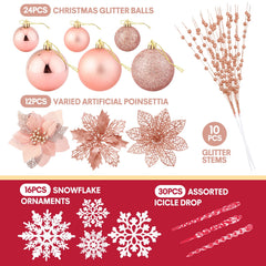  92Pcs Christmas Tree Decorations Includes Poinsettia Christmas Flowers, Ball Ornaments, Artificial Glitter Berry Stems, Snowflake and Icicle Drop Crystal Ornaments | Rose Glod