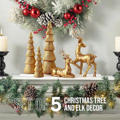  5PCS Tree and Reindeer Decoration, Christmas Tree Reindeer Figurines, Christmas Decortion Indoor (Rose Gold)