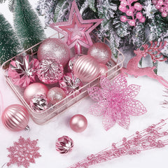 Leyaron Christmas Tree Ornaments, 105PCS Christmas Balls Set with Star Poinsettia Flower Berries Stems for Trees Holiday Xmas Decor, Pink