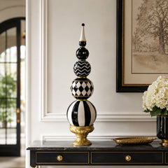 15.7"H Resin Stacked Sphere Sculpture, Black White and Gold Tabletop Decor for Halloween Christmas