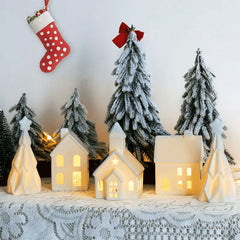 Ceramic Christmas Village Set - Includes 3 Illuminated Houses & 2 Trees with Battery Powered LED Lights - Festive Holiday Decor for Christmas, Thanksgiving & Hanukkah