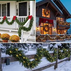 9ft Artificial Cedar Garland with Lights, Norfolk Pine Christmas Garland for Holiday Winter Mantle, Wall, Fireplace, Staircase Indoor Outdoor Decor