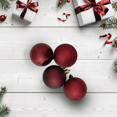 12ct Burgundy Red Shatterproof 4-Finish Christmas Ball Ornaments 4" (100mm)