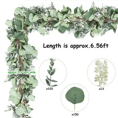  Christmas Eucalyptus Garland, 2 Pcs 6.56 FT Artificial Greenery Garland Silver Dollar Leaves Boxwood Vines with White Buds for Home Wedding Party Table Mantle Xmas Decor