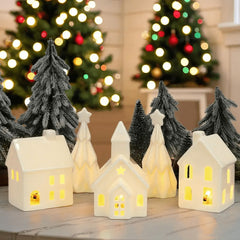 Ceramic Christmas Village Set - Includes 3 Illuminated Houses & 2 Trees with Battery Powered LED Lights - Festive Holiday Decor for Christmas, Thanksgiving & Hanukkah