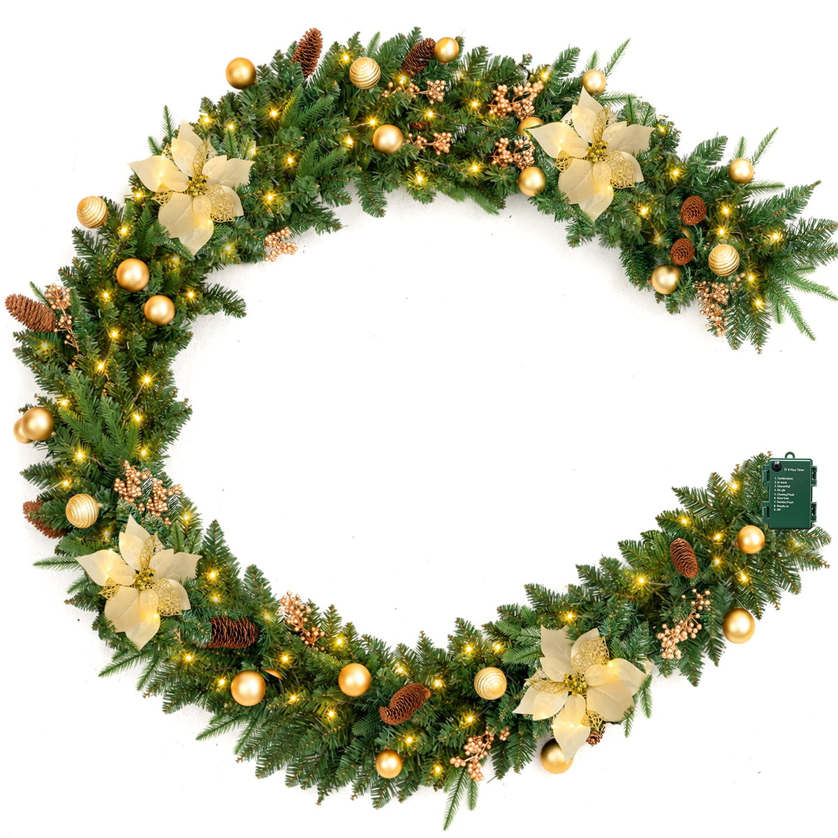 9ft Pre-Lit Christmas Garland, PE/PVC Mixed, Big Gold Flowers, 80 LED w/ 8 Modes & Timer for Outdoor Indoor Xmas Decoration Fireplace Stairs Doorway Railings Decor