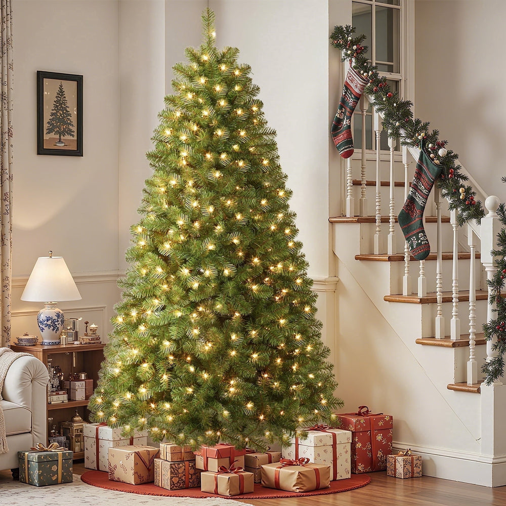  7ft Pre-Lit Premium Artificial Hinged Christmas Tree w/ Warm White Lights, Perfect Choice for Xmas Decoration