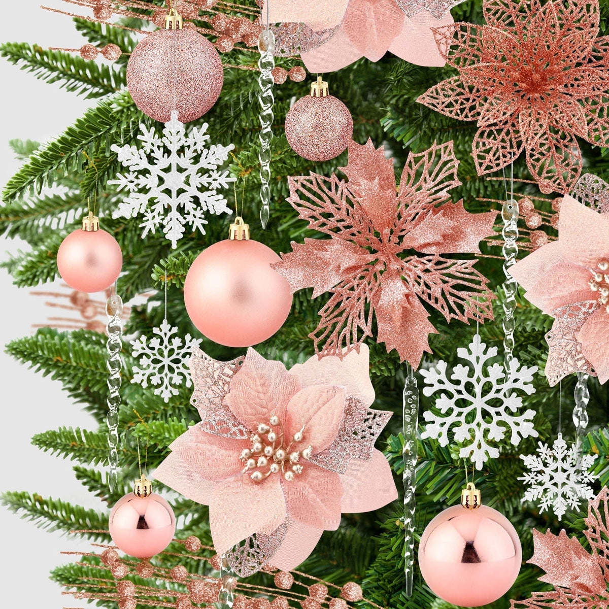  92Pcs Christmas Tree Decorations Includes Poinsettia Christmas Flowers, Ball Ornaments, Artificial Glitter Berry Stems, Snowflake and Icicle Drop Crystal Ornaments | Rose Glod
