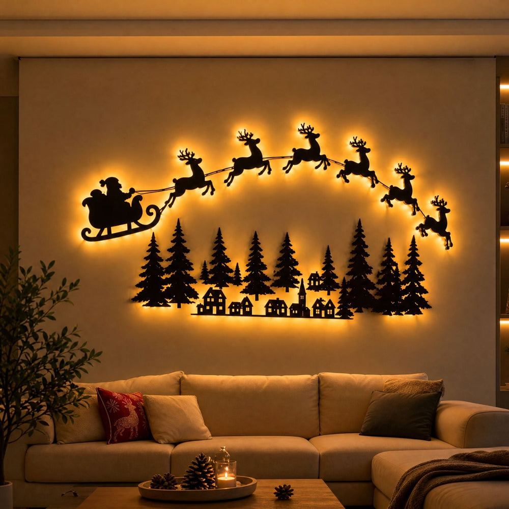 Clearance! Lighted Santa Sleigh and Reindeer Wall Decor,Christmas Village Wooden Wall Light with Remote Control, Peel and Stick Holiday Decoration , 59.1"