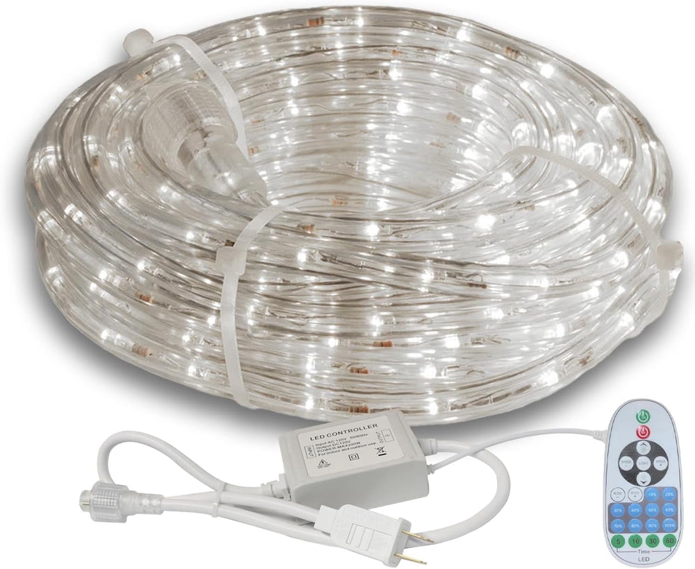 Beatineon 33FT Rope Lights Outdoor with Remote,Cuttable Connectable,300LEDs Strip Lights with Adjustable Brightness Waterproof with Plug for Patio, Christmas Decoration (White)
