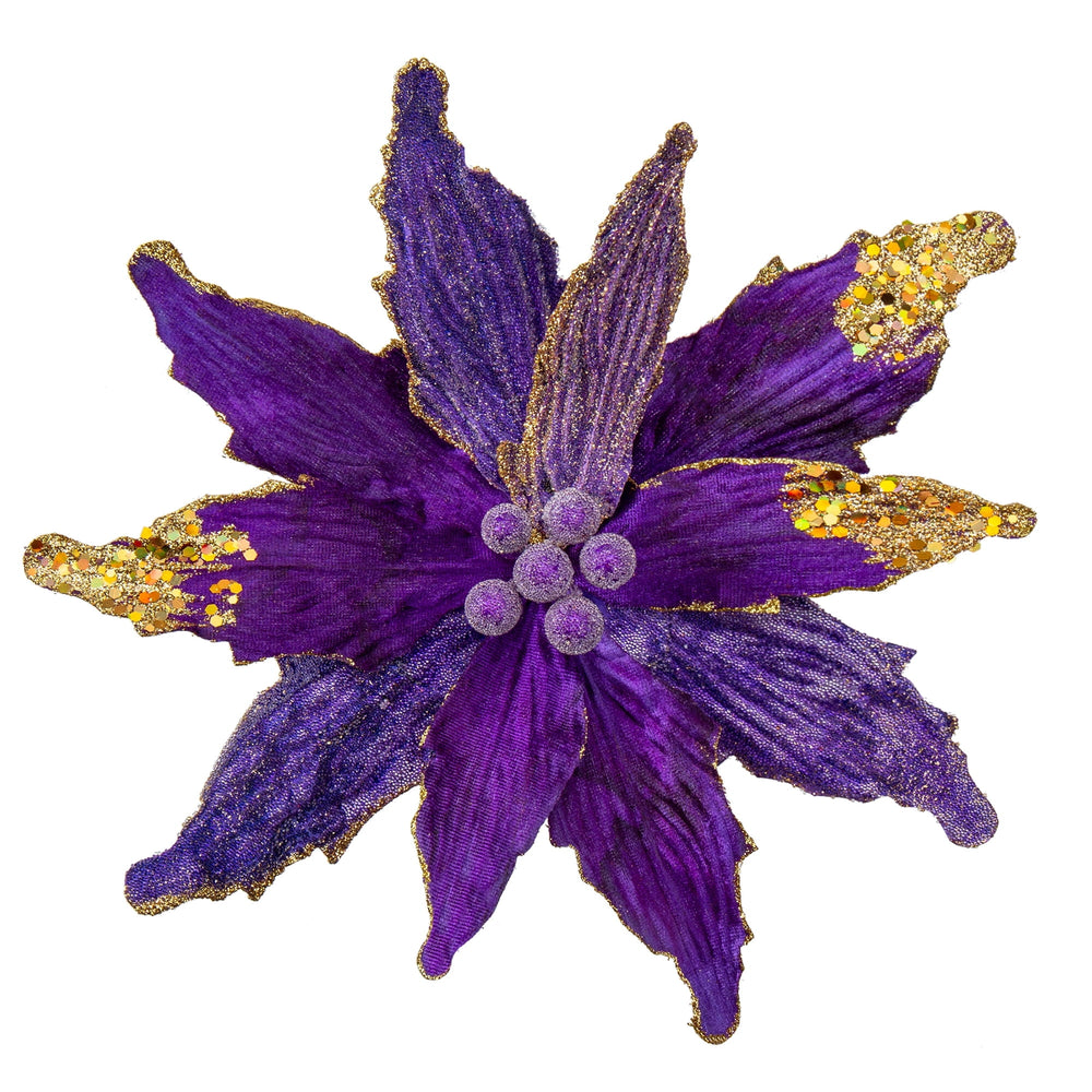 Briful 12'' Large Heads Christmas Glitter Poinsettia Flowers Christmas Tree Ornaments Set of 4 Artificial Flowers with Long Stems for Xmas Tree Party DIY Holiday Decorations, Purplish Gold