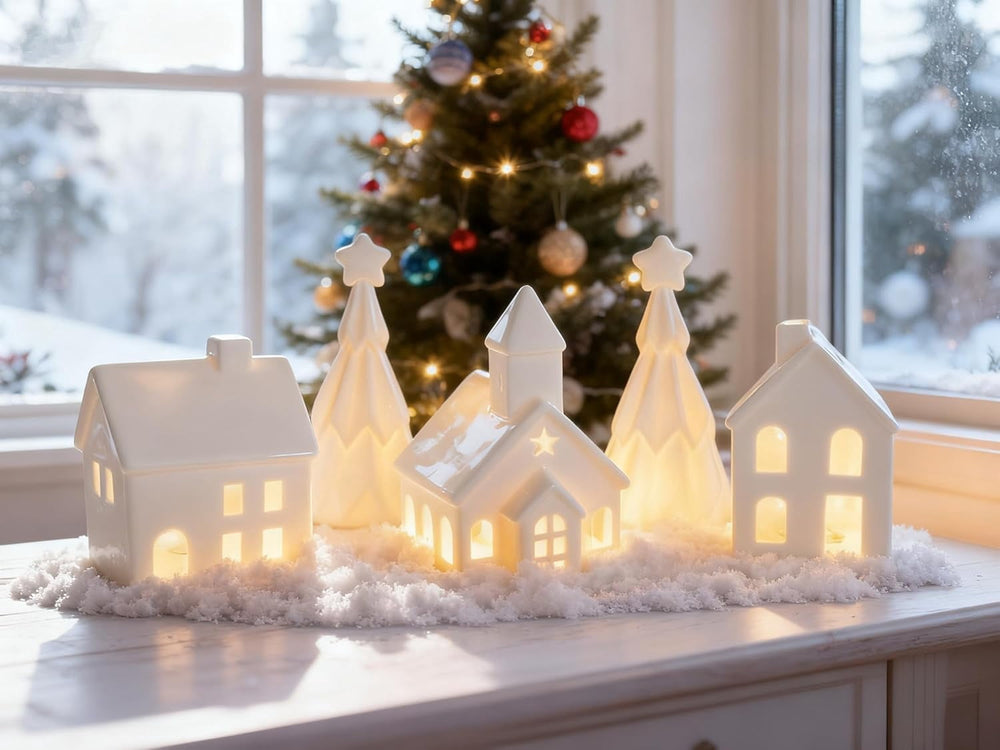 Ceramic Christmas Village Set - Includes 3 Illuminated Houses & 2 Trees with Battery Powered LED Lights - Festive Holiday Decor for Christmas, Thanksgiving & Hanukkah