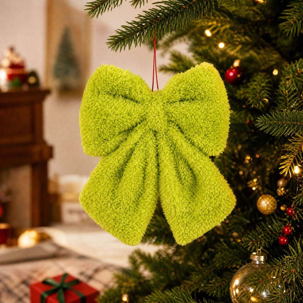 Christmas Decorations Christmas 2-Piece Set Of Green Furry Christmas Ornaments With Red Towel Bow, Suitable for Hand-Washing and Decoration