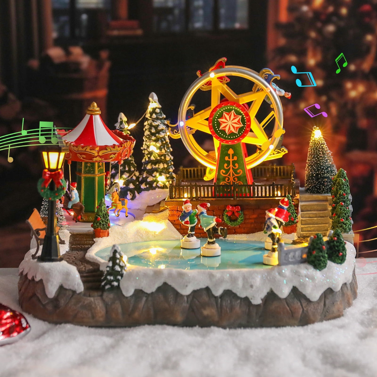Christmas Village With Amusement park,Musical Christmas Decor with Ferris Wheel, Carousel & LED Lights,Skating Person,Christmas Decor,Home Decor