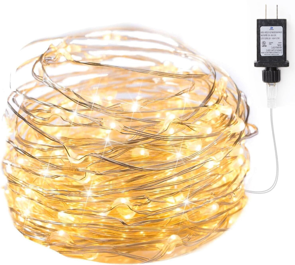 Fairy Lights Plug in, 33Ft 100 LEDs Waterproof Silver Wire Firefly Lights, Adaptor Included, Starry String Lights for Wedding Indoor Outdoor Christmas Patio Garden Decoration, Warm White