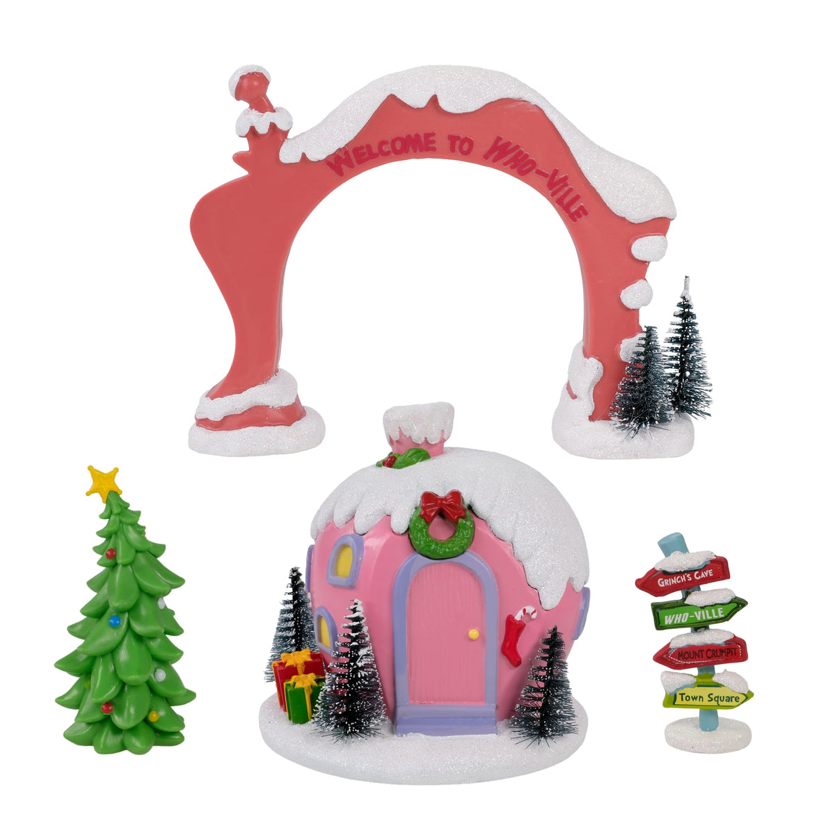  The Grinch Whoville Village 4-Piece Christmas Set — House, Arch, Sign Post & Tree