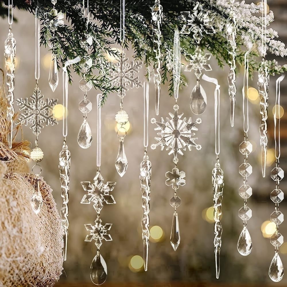 OuMuaMua 32pcs Iridescent Acrylic Snowflake & Icicle Crystal Hanging Pendants for Xmas Tree Winter Frozen Decor